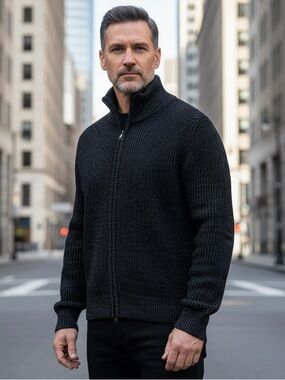 Bass Outdoor Black Knit Zip-Up Sweater with Elbow Patches